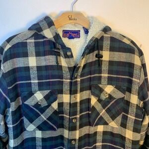 Elkmont Men's Plaid Lined Hooded Shirt Jacket Large Green Blue Cream Sherpa